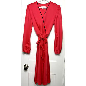 Vtg 70s Tres Gai Red Midi Pleated Belted Dress Size S-M Disco Long Sleeve CDN